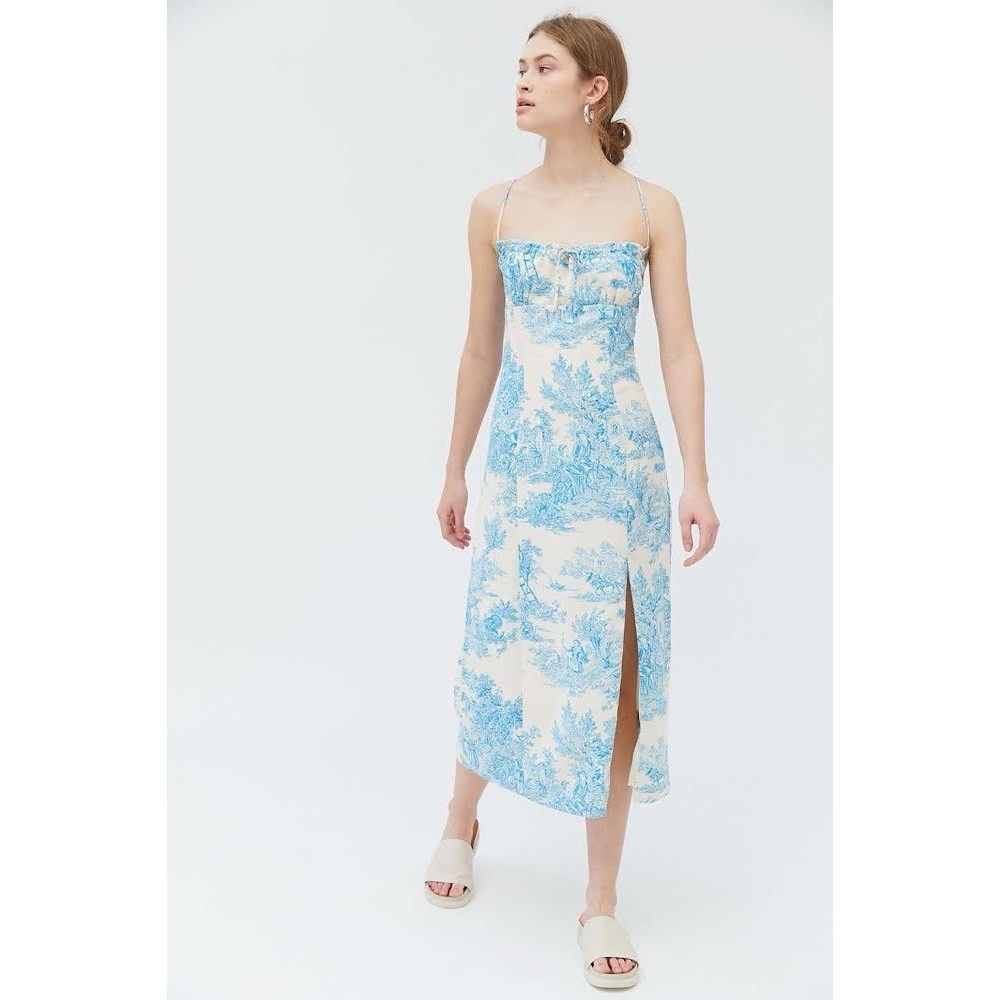 Urban Outfitters April Tie-Back Printed Midi Slip Dress in Blue Toile